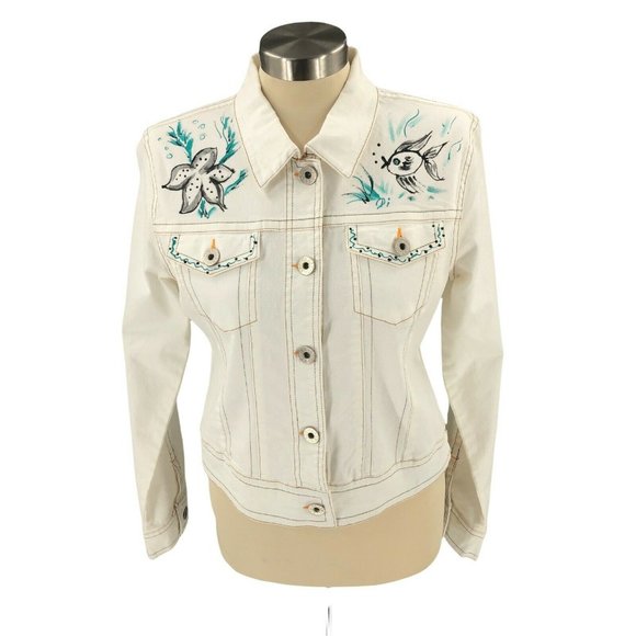 Clash Jeans Womens Jacket Large White Stretch Denim Long Sleeve Flap Pockets EUC - Picture 1 of 12